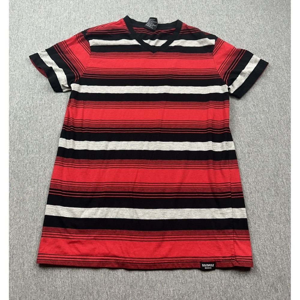 Southpole TShirt Mens Medium Red Black Gray Striped Short Sleeve V-Neck Y2K